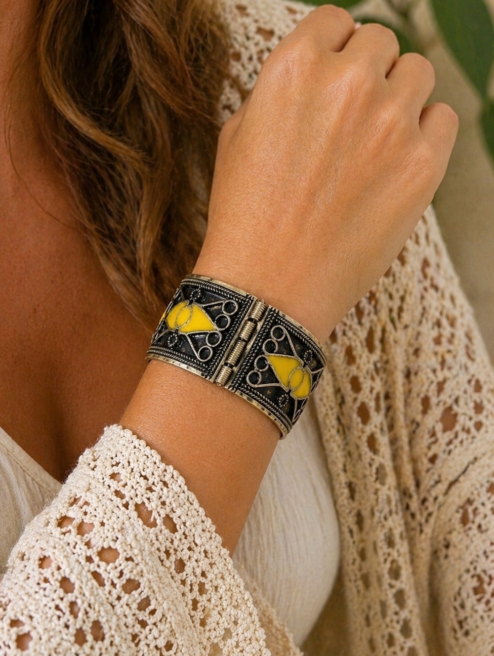 Vintage Boho Cuff Bracelet Yellow Enamel Filigree Wide Hinged Bangle Statement